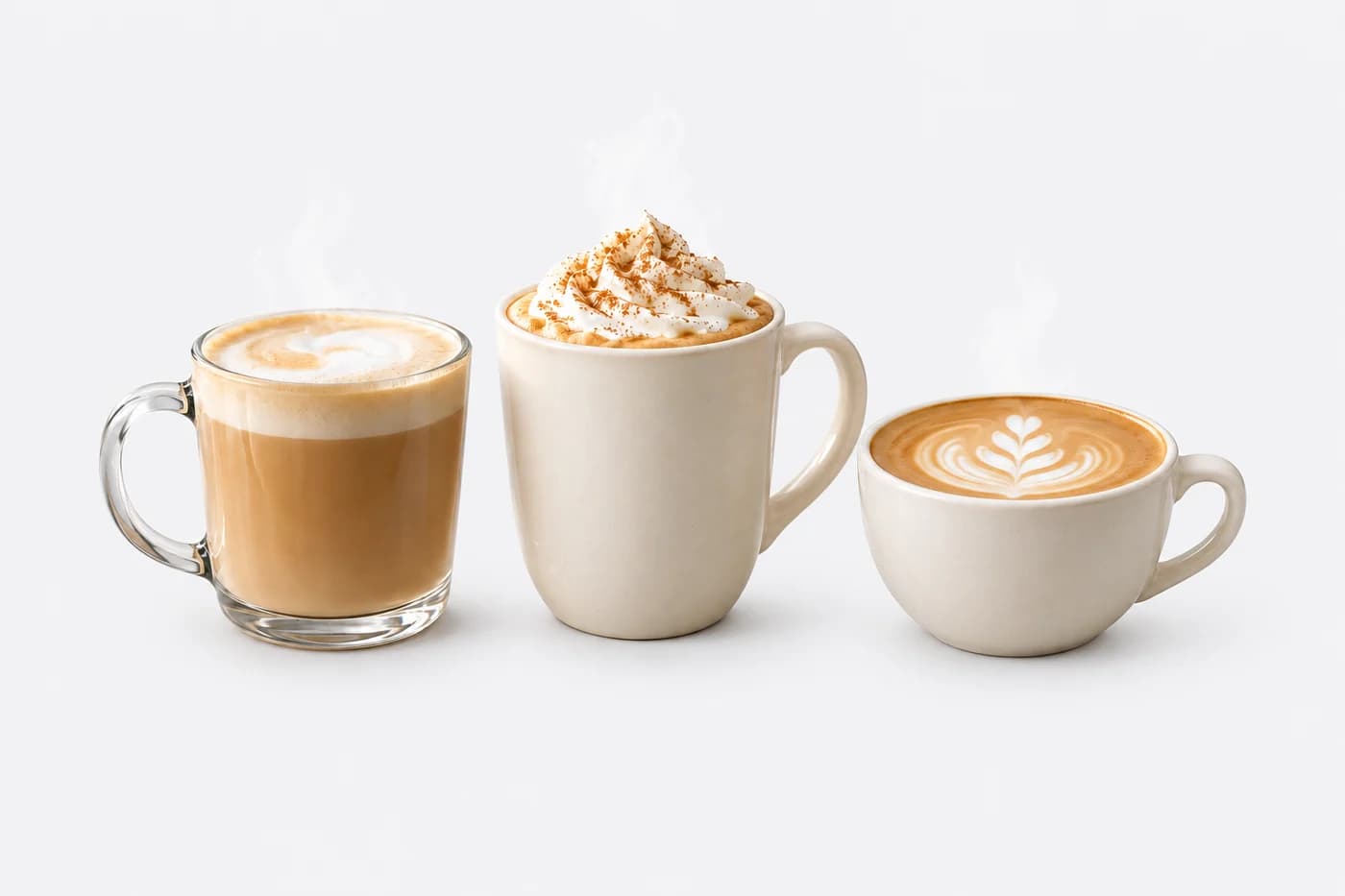 Hot latte, pumpkin spice latte and flat white with latte art