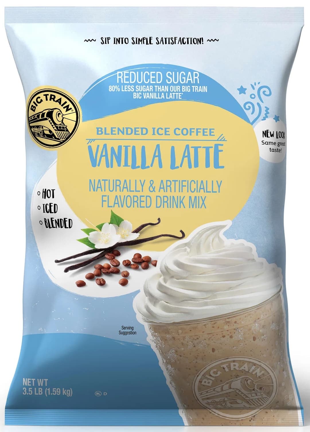 Big Train Reduced Sugar Vanilla Latte Blended Ice Coffee Beverage Mix Five 3.5 lb. Bags