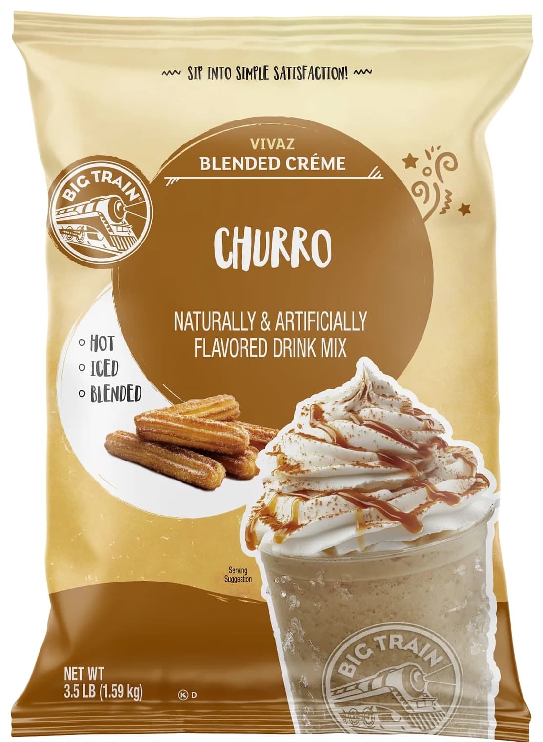 Big Train Vivaz Churro Blended Creme Frappe Mix, 3.5 lb Bag (Case of 5) - Caffeine-Free Blended Creme