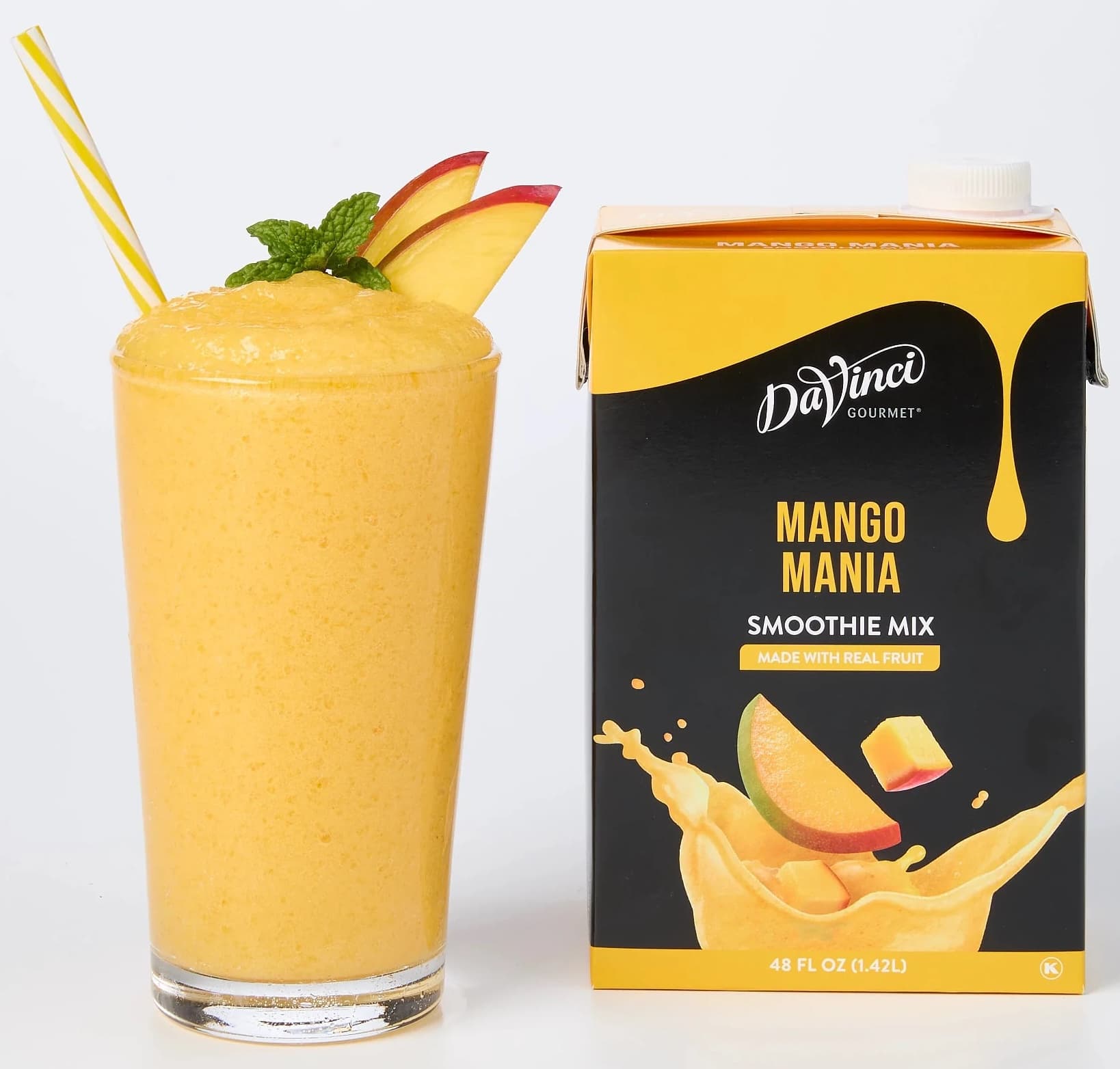 DaVinci Gourmet Mango Mania Fruit Smoothie Mix, 48 oz Carton (Case of 6) - Pour, Blend, Serve - ~9 Smoothies per Carton