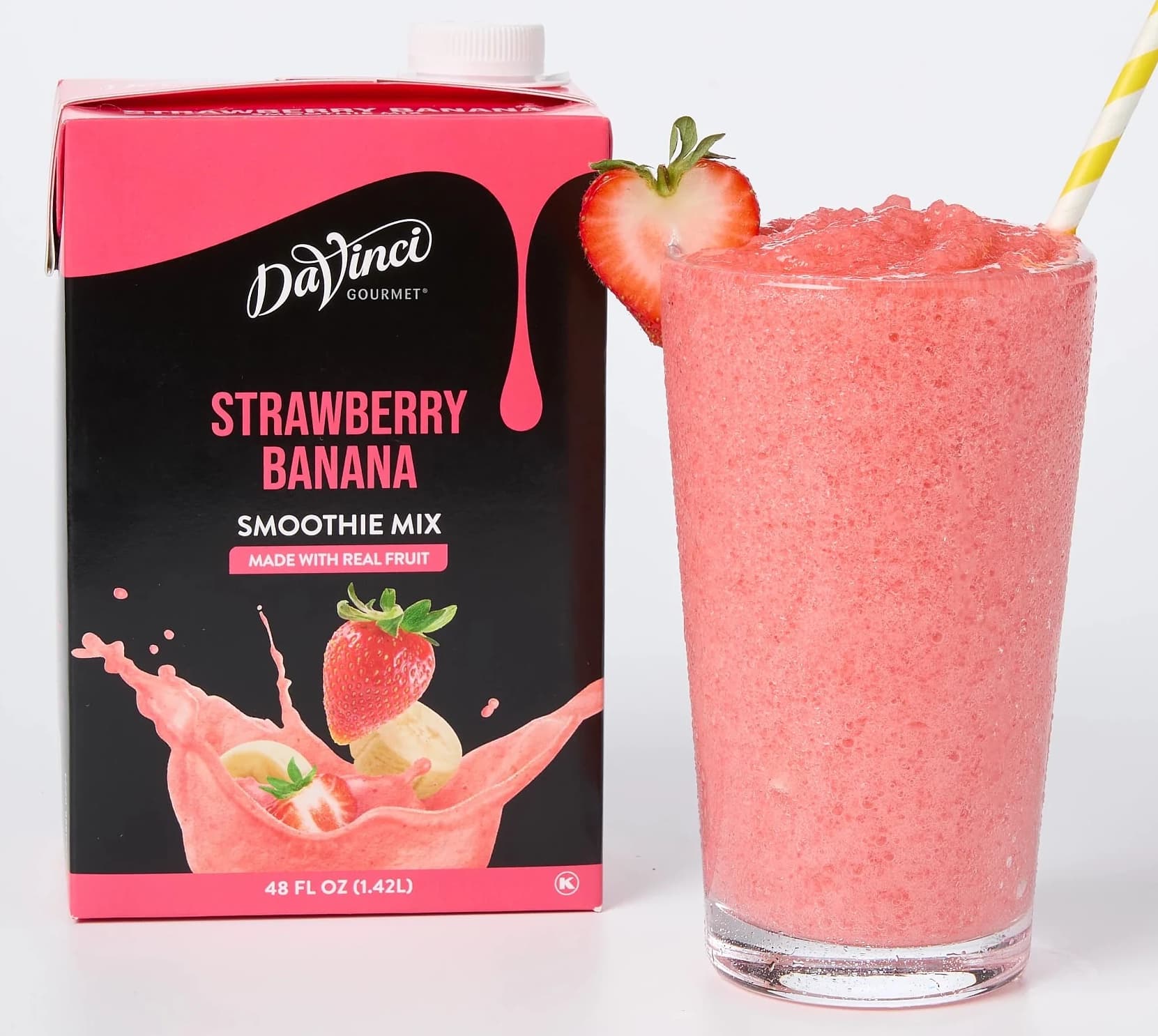 DaVinci Gourmet Strawberry Banana Fruit Smoothie Mix, 48 oz Carton (Case of 6) - Pour, Blend, Serve - ~9 Smoothies per Carton