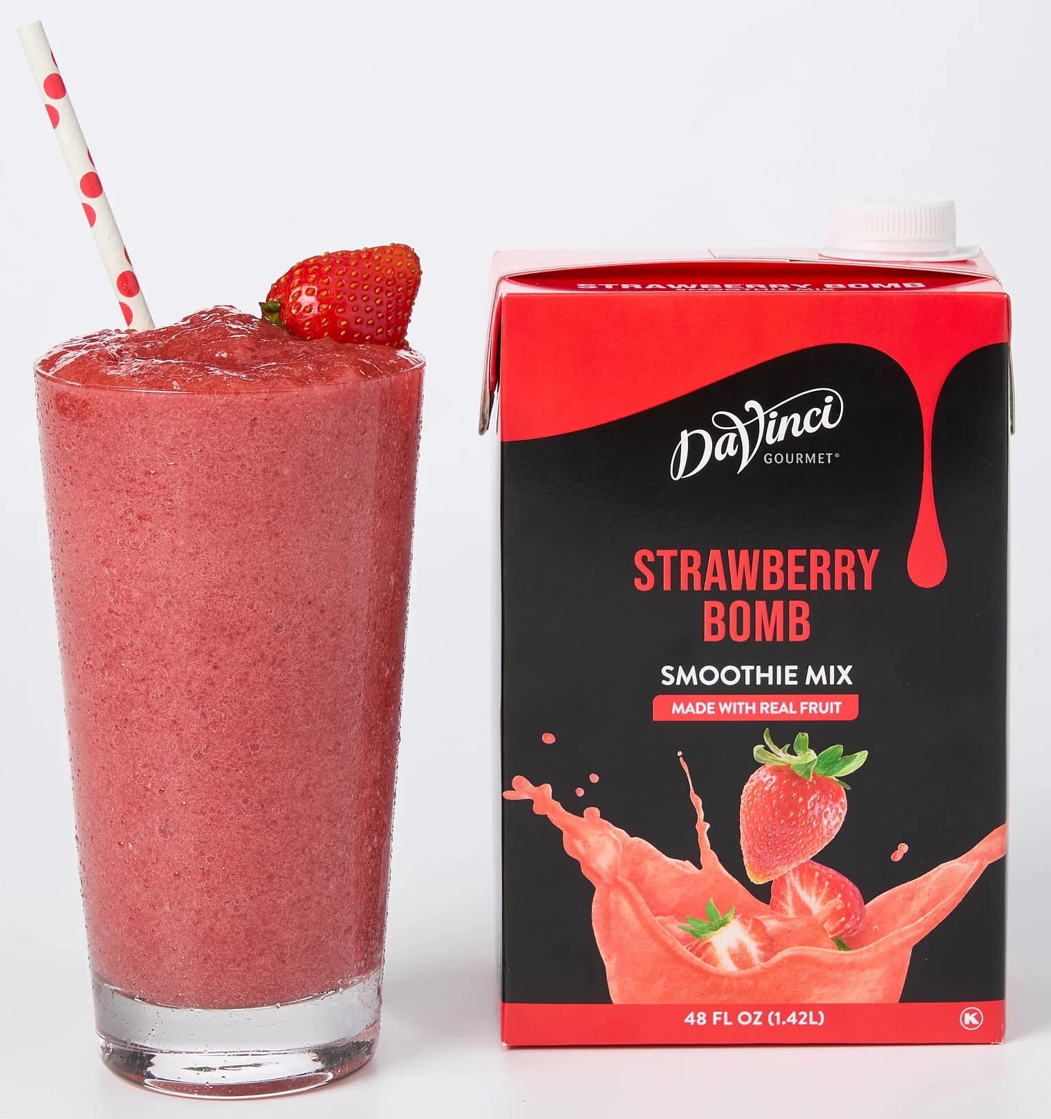 DaVinci Gourmet Strawberry Bomb Fruit Smoothie Mix, 48 oz Carton (Case of 6) - Pour, Blend, Serve - ~9 Smoothies per Carton
