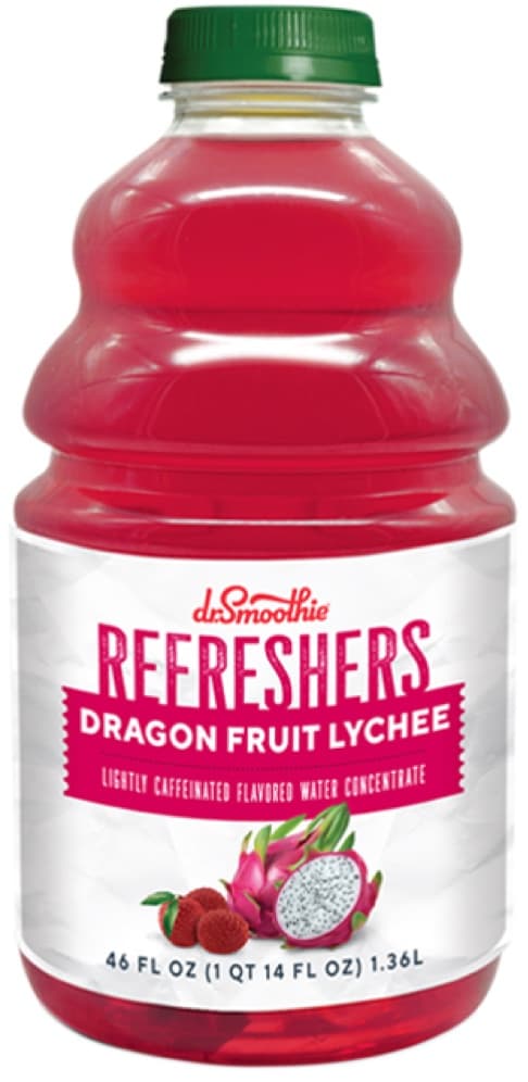 Dr. Smoothie Refresher Concentrate, Dragon Fruit Lychee, 46 oz Bottle (Case of 6) - Pour-Over-Ice, ~15+ Drinks per Bottle
