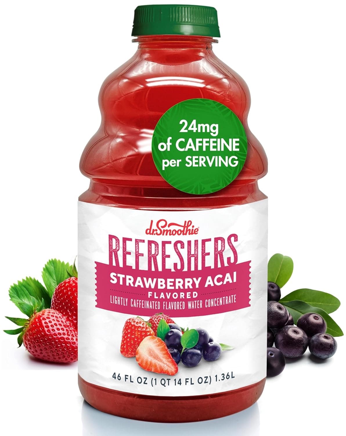 Dr. Smoothie Refresher Concentrate, Strawberry Acai, 46 oz Bottle (Case of 6) - Pour-Over-Ice, ~15+ Drinks per Bottle