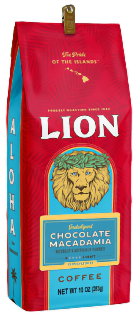 Lion Coffee Chocolate Macadamia Nut Coffee, Ground, 10 oz Bag (Case of 3) - Hawaiian Roast Since 1864