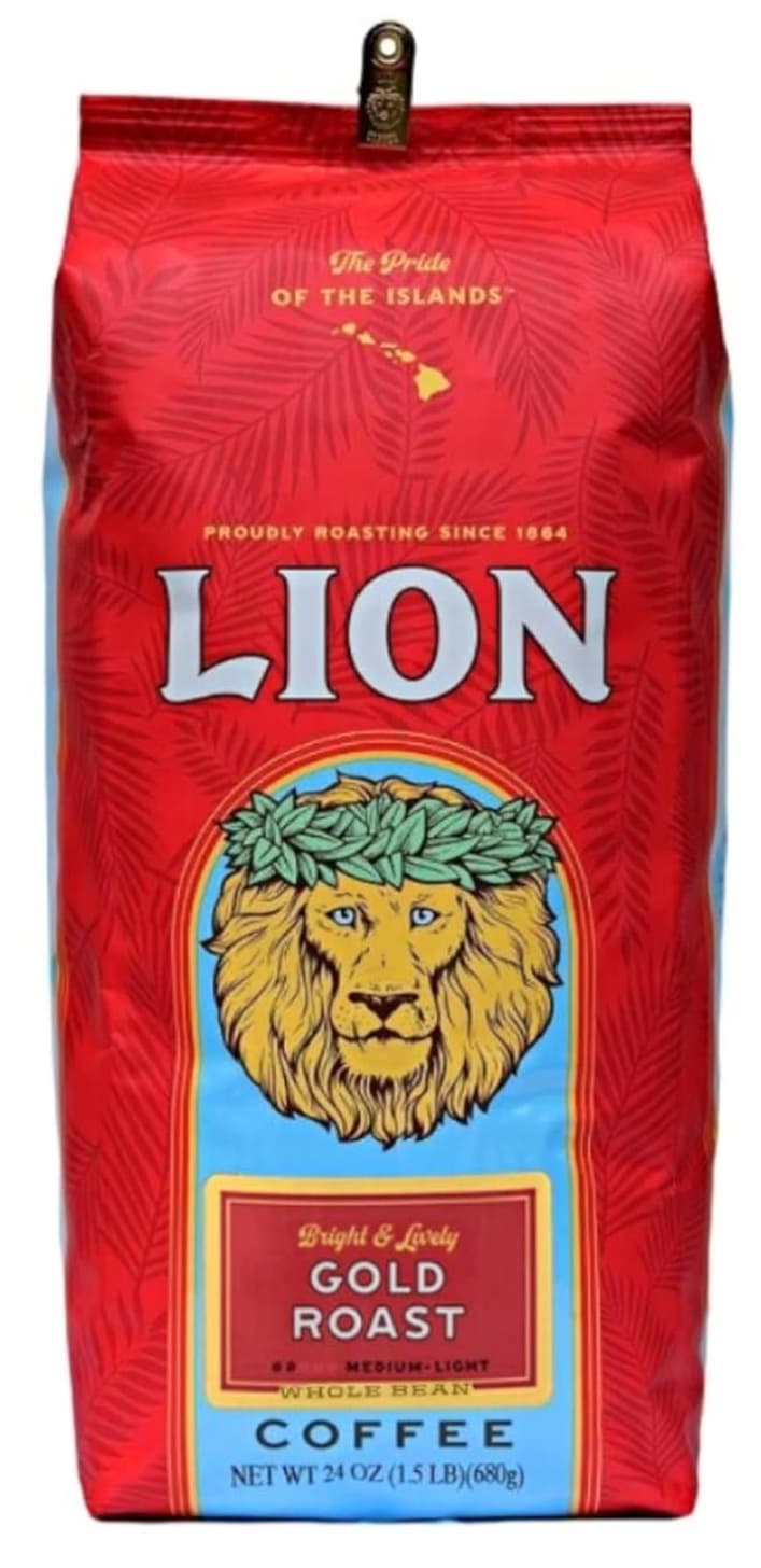 Lion Coffee Gold Classic Light Roast Coffee, Whole Bean, 24 oz Bag (Case of 2) - Hawaiian Roast Since 1864