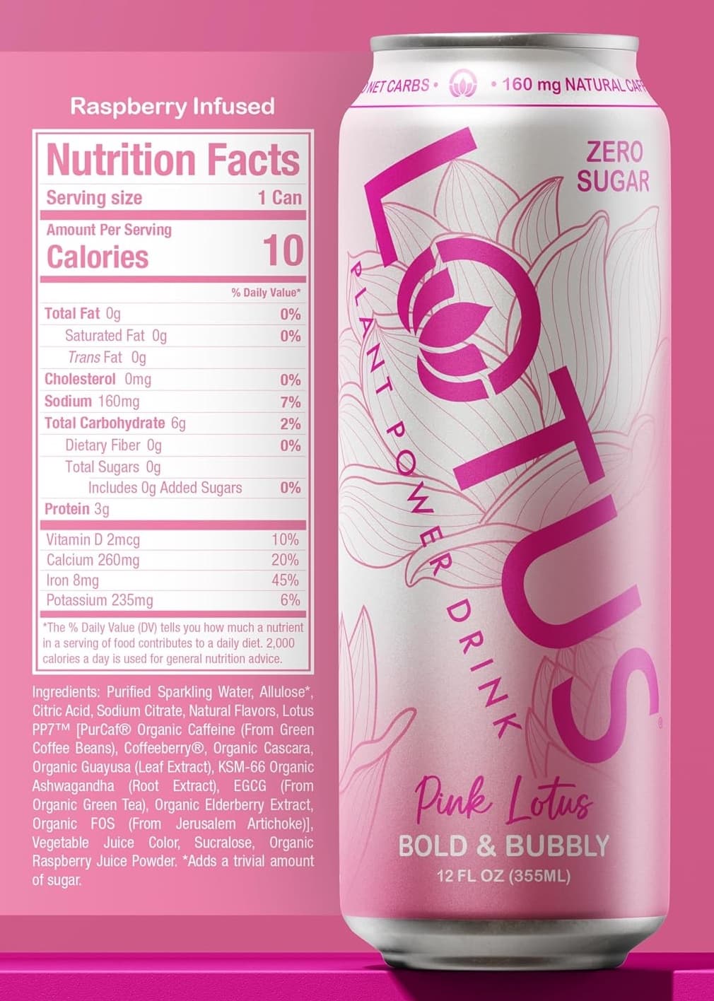 Lotus Plant Power Pink Drink (Cane Sugar), 12 oz Cans (Case of 12) - Ready-to-Drink Cooler Stock