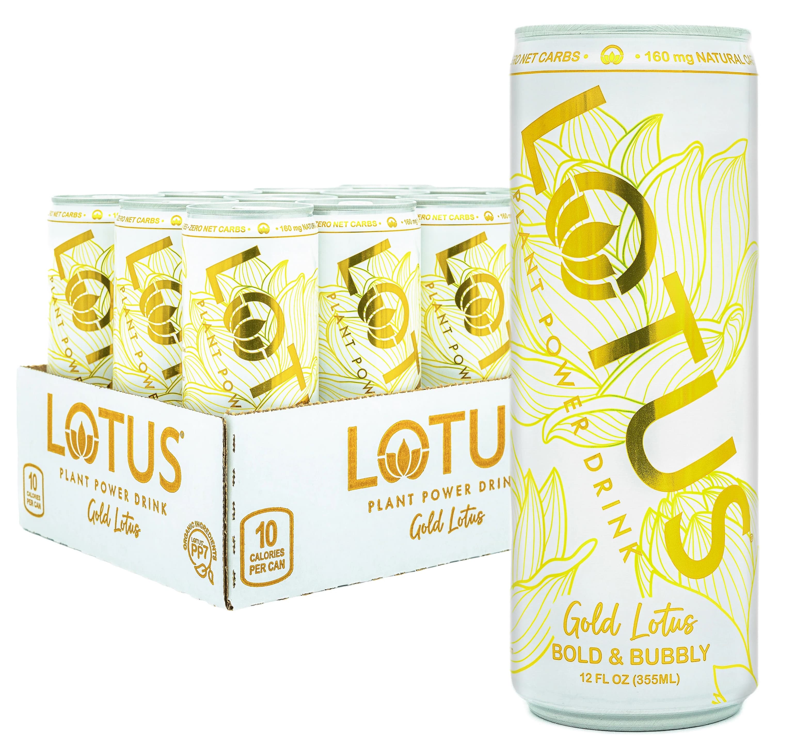 Lotus Plant Power Gold Drink (Zero Sugar), 12 oz Cans (Case of 12) - Ready-to-Drink Cooler Stock