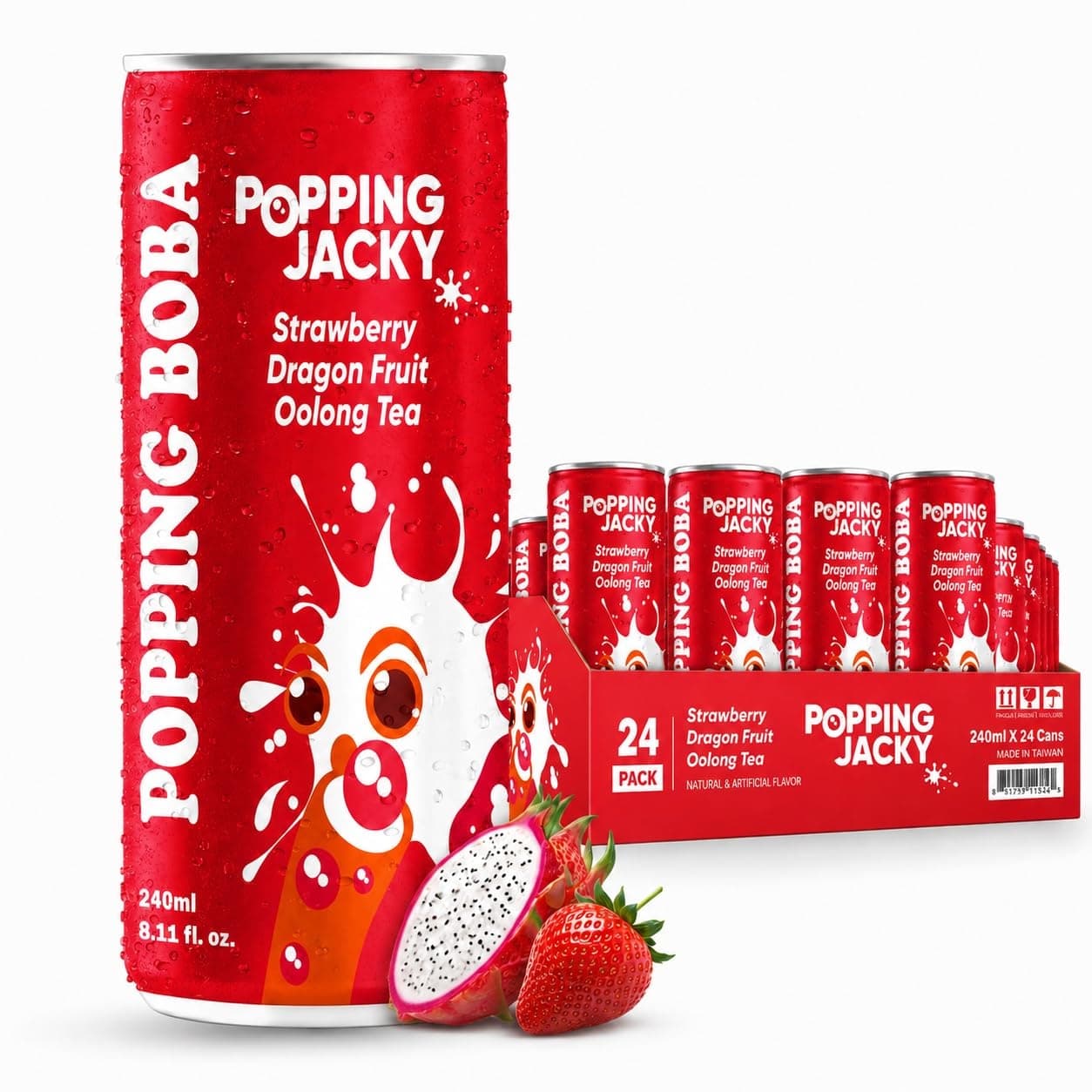 Possmei Popping Jacky Strawberry Dragon Fruit Oolong Tea with Popping Boba Twenty Four 240 ml Cans