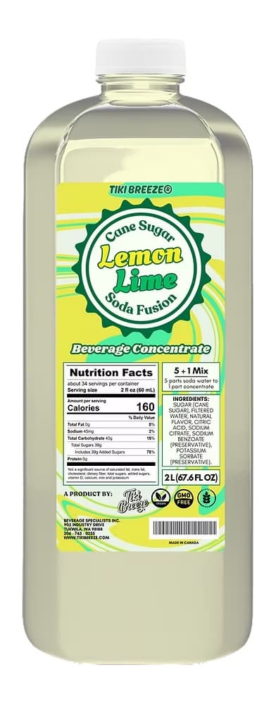 Tiki Breeze Lemon Lime Soda Fusion Concentrate, 2L Bottle (Case of 6) - Dirty Soda Base, ~1:5
